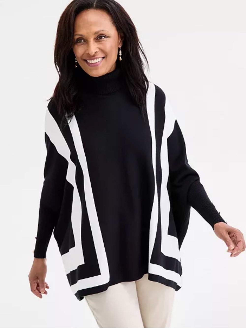 JM Collection WOMEN'S STRIPE TURTLENECK OVERSISIZE PONCHO SWEATER LARGE🌟NWT🌟